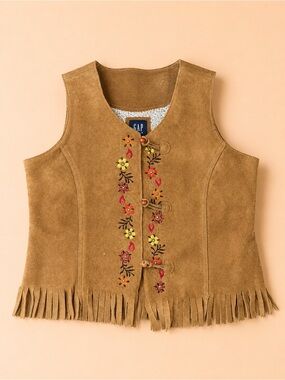GAP Kids VINTAGE 90s Suede Fringe Vest with Floral Embroidery - Camel